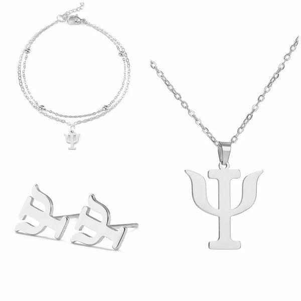 Gold or Silver Psychology Symbol Pendant Necklace, Earrings & Bracelet