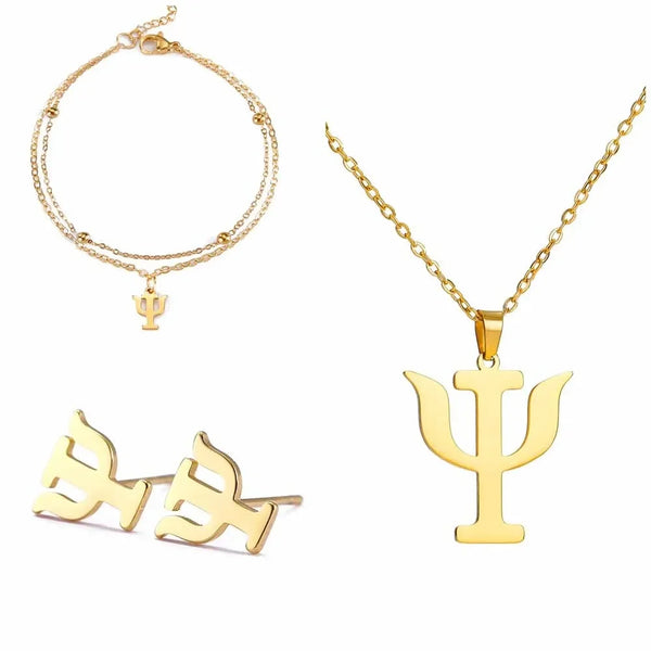 Gold or Silver Psychology Symbol Pendant Necklace, Earrings & Bracelet