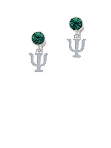 Silvertone Large Greek Letter - Psi - Green Crystal Clip on Earrings - Psych Outlet