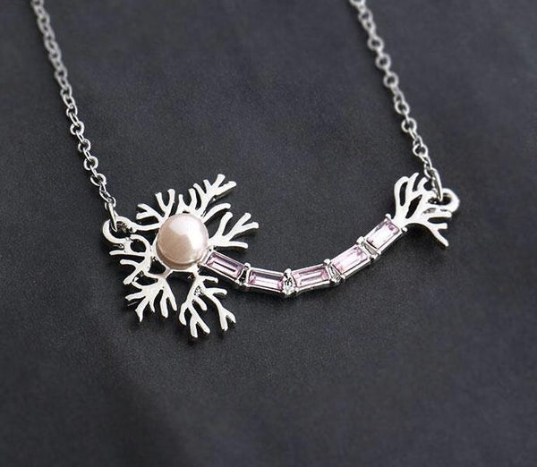 Gold & Silver Color Neuron Necklace & Pendant with Pink Pearl and Crystals - Psych Outlet