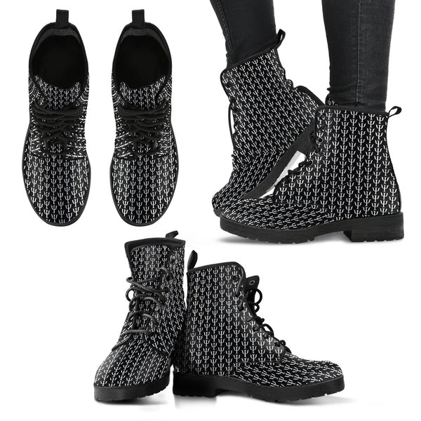 Psi Print Leather Boots - White on Black - Psych Outlet