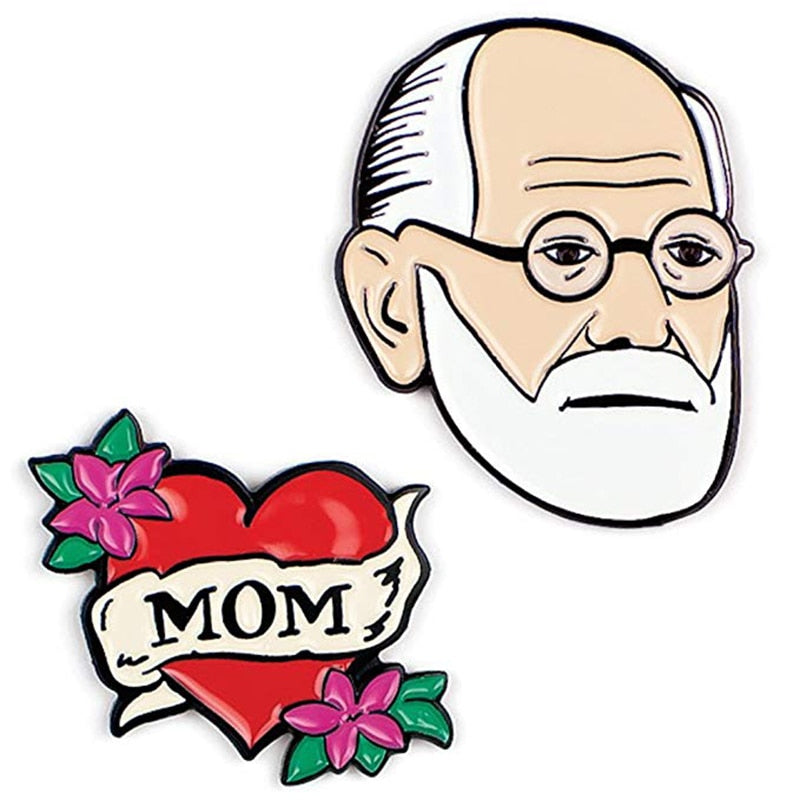 Freud and Mom Tattoo Enamel Pin Set - 2 Unique Colored Metal Lapel Pins - Psych Outlet
